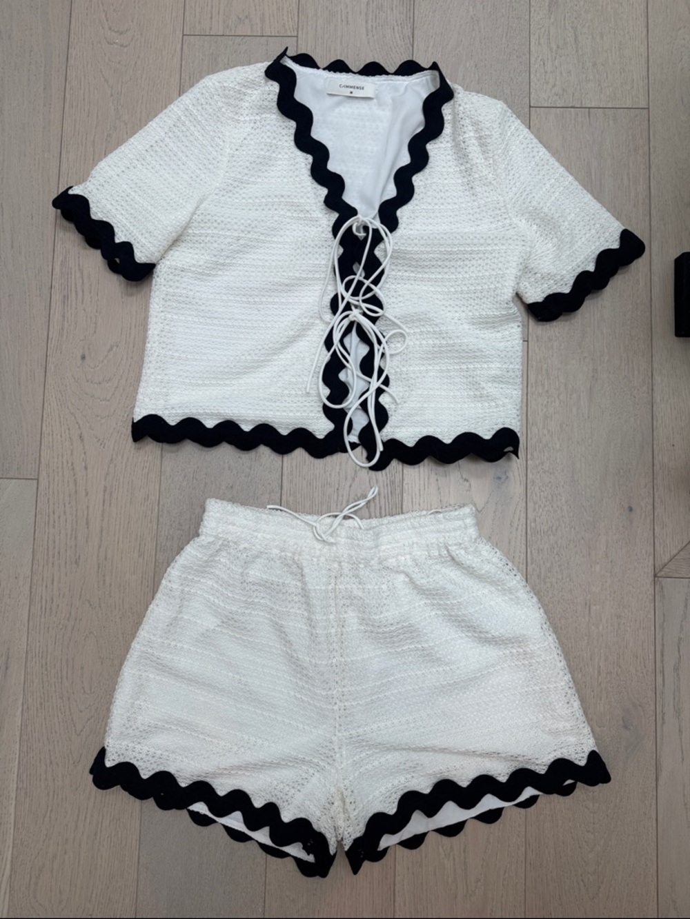 Commense White Textured Two-Piece Shorts Set with Black Trim